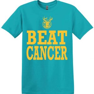 Waterloo Bucks logo and words BEAT CANCER on teal and gold shirt